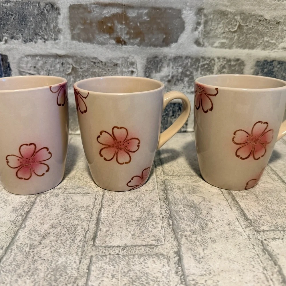 Lot of 3 Pier 1 imports ceramic mugs pink floral